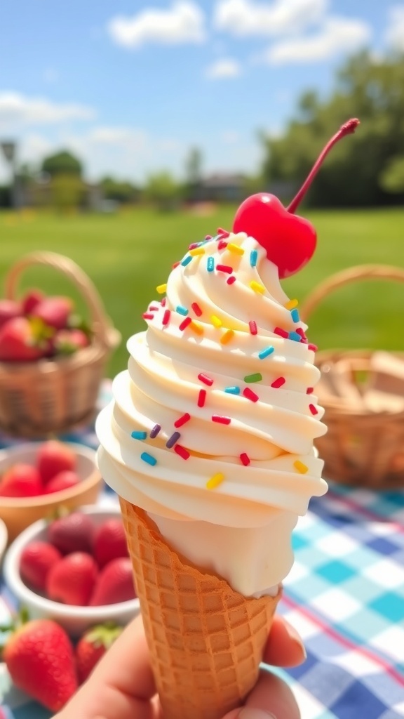 A delicious scoop of vanilla ice cream in a cone with sprinkles and a cherry, set against a bright outdoor background.